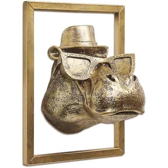 Exquisite Resin Animal Head Wall Sculpture (Gift Metal Frame) - Imitation Copper Vintage Decor for Living Room, Bedroom & Office | Decorative Wall Hanging Art(Hippo)