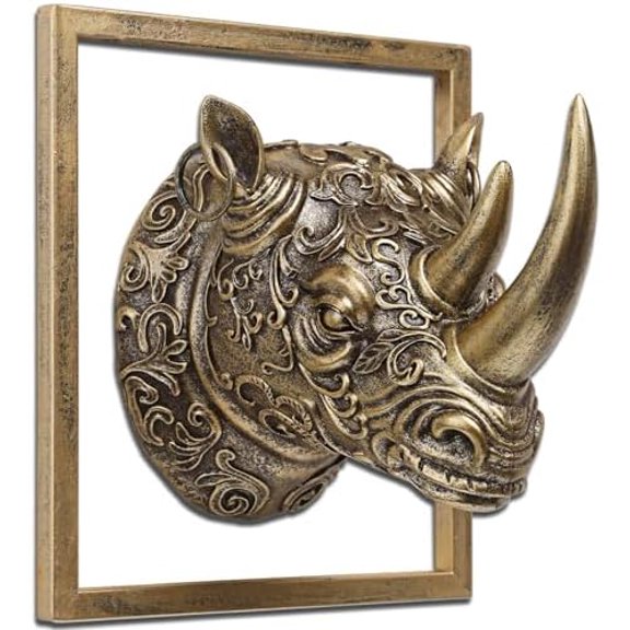 Exquisite Resin Animal Head Wall Sculpture (Gift Metal Frame) - Imitation Copper Vintage Decor for Living Room, Bedroom & Office | Decorative Wall Hanging Art (Rhinoceros)