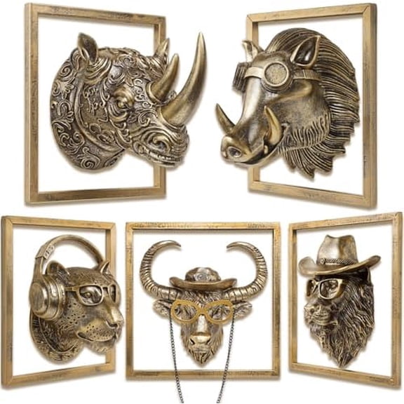 Exquisite Resin Animal Head Wall Sculpture (Gift Metal Frame) - Imitation Copper Vintage Decor for Living Room, Bedroom & Office | Decorative Wall Hanging Art