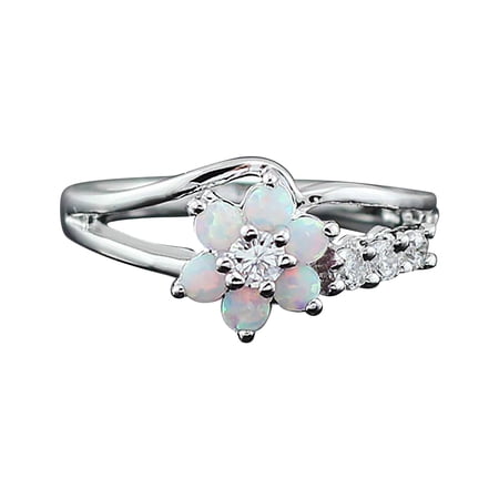 Exquisite Round Cut White Fire Opal Stone 925 Sterling Silver Flower Opal Rings