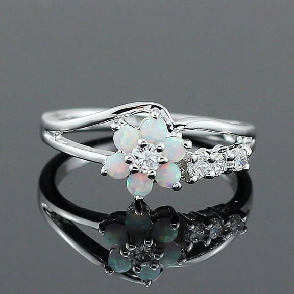 Exquisite Round Cut White Fire Opal Stone 925 Sterling Silver Flower Opal Rings