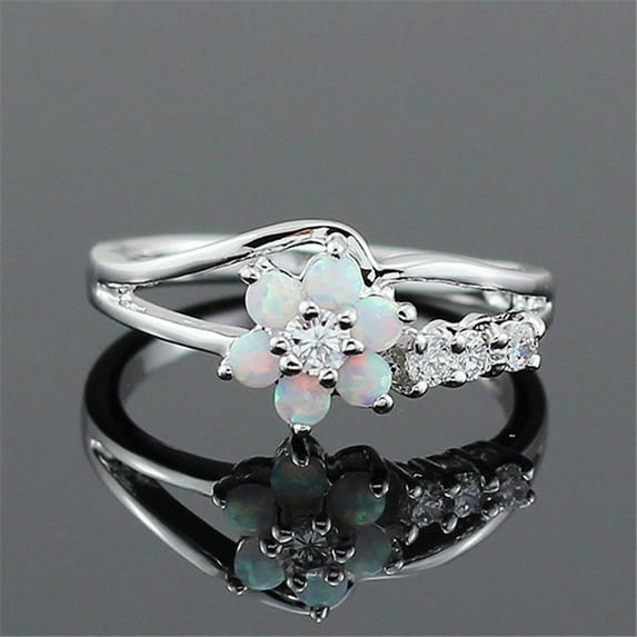 Exquisite Round Cut White Opal Stone Silver Color Flower Women Rings Inlay Zircon Jewelry Ring