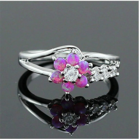 Exquisite Round Cut White Opal Stone Silver Color Flower Women Rings Inlay Zircon Jewelry Ring