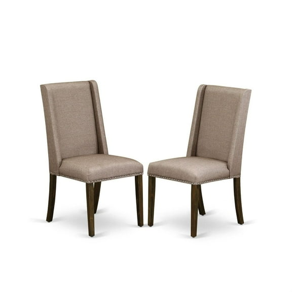 Exquisite Set of 2 Dining Chairs | High Back Parson Chairs | Asian Solid Wood | Foam Padded Seat | Dark Khaki Linen Fabric | Modern Design | Easy to Carry & Clean | Distressed Jacobean Finish