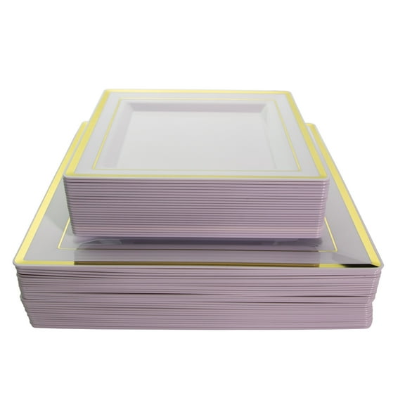 Exquisite Set of 30 Plastic Dinner and 30 Plastic Appetizer/Dessert Plates White with Gold Rim