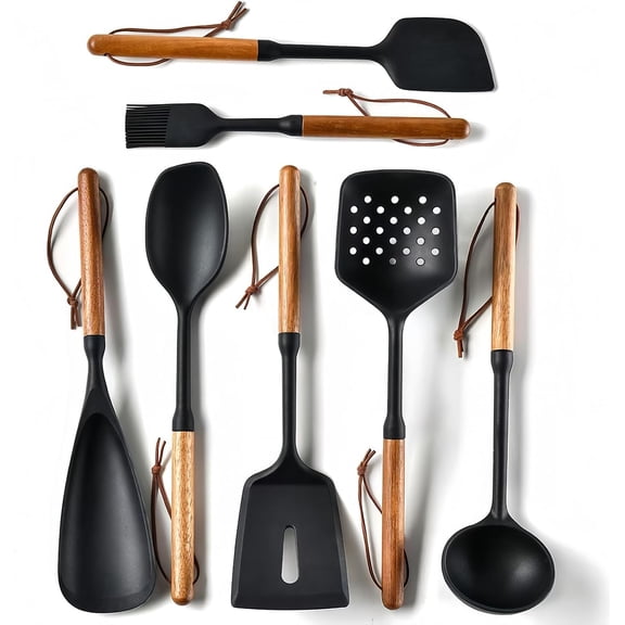 Exquisite Silicone Cooking Utensils Set - Non-Toxic, Heat-Resistant Kitchen Utensils Set with Food-Grade Silicone & Wood Handles - Includes Spatula & Spoon for Non-Stick Cookware, Black