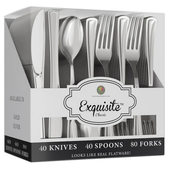 Exquisite Silver Heavy Duty Plastic Silverware Set, 160 Pcs – 80 Forks, 40 Spoons, 40 Knives