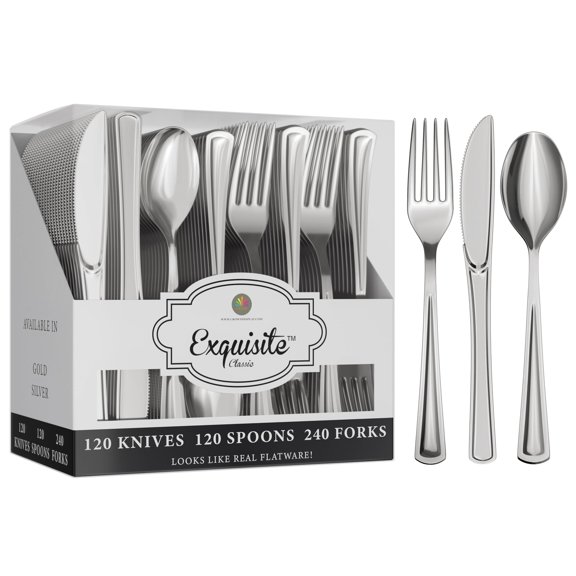 Exquisite Silver Heavy Duty Plastic Silverware Set, 480 Pcs – 240 Forks, 120 Spoons, 120 Knives