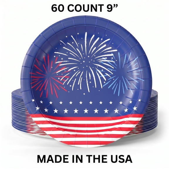 Exquisite Starburst Independence Day Patriotic  Disposable Paper Plates, 9", 60 Count