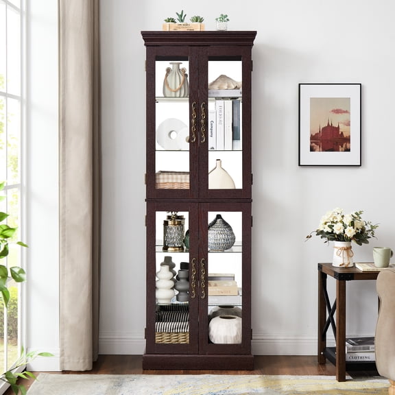Exquisite Storage Cabinet With Illuminated Interior And Movable Shelves - Dark Cherry Display Lighted