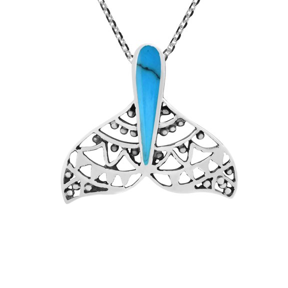 Exquisite Swirls Ocean Whale Tail Blue Turquoise Sterling Silver Necklace