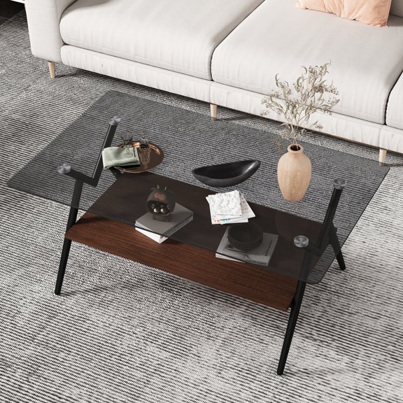Exquisite Tempered Glass Top Layer Coffee Table With Shelf Structure Elegant Home Furnishing Desktop And Unit