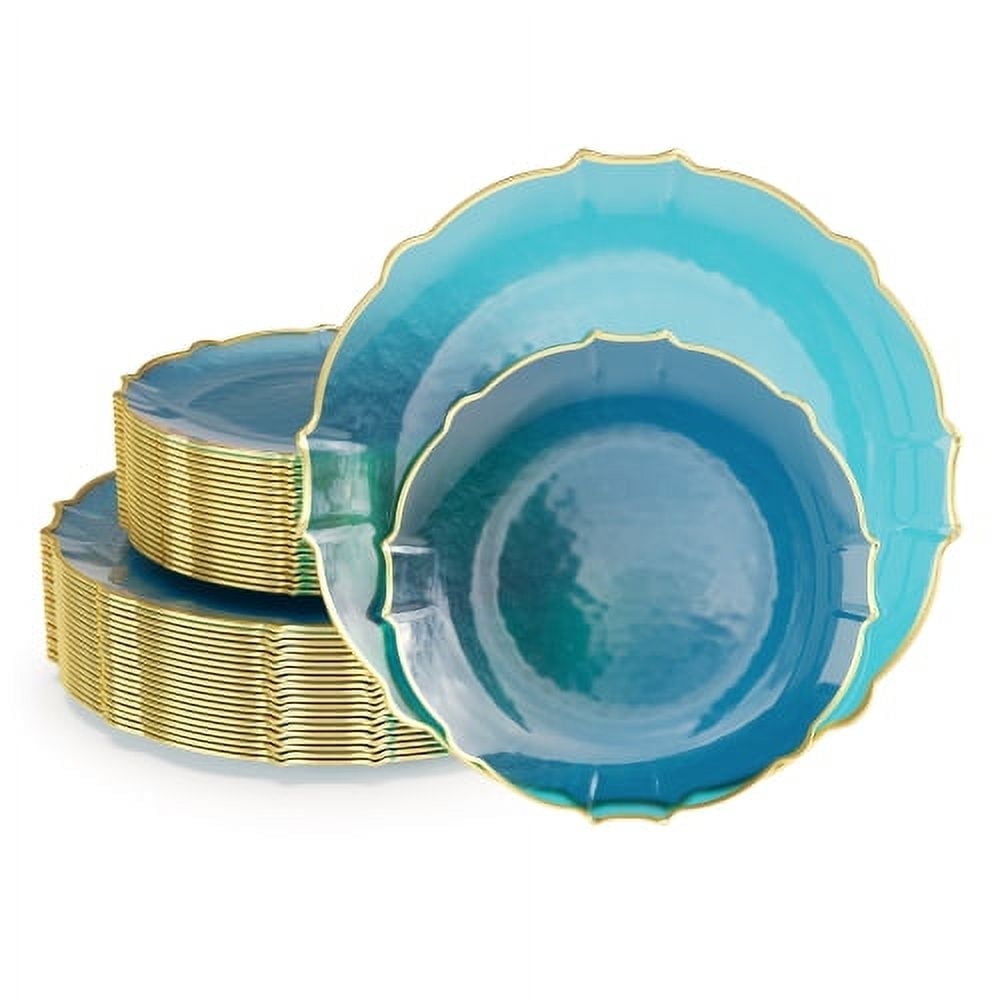 Peacock Blue and Gold Rim Plastic Disposable Plates Set, 40 Pieces