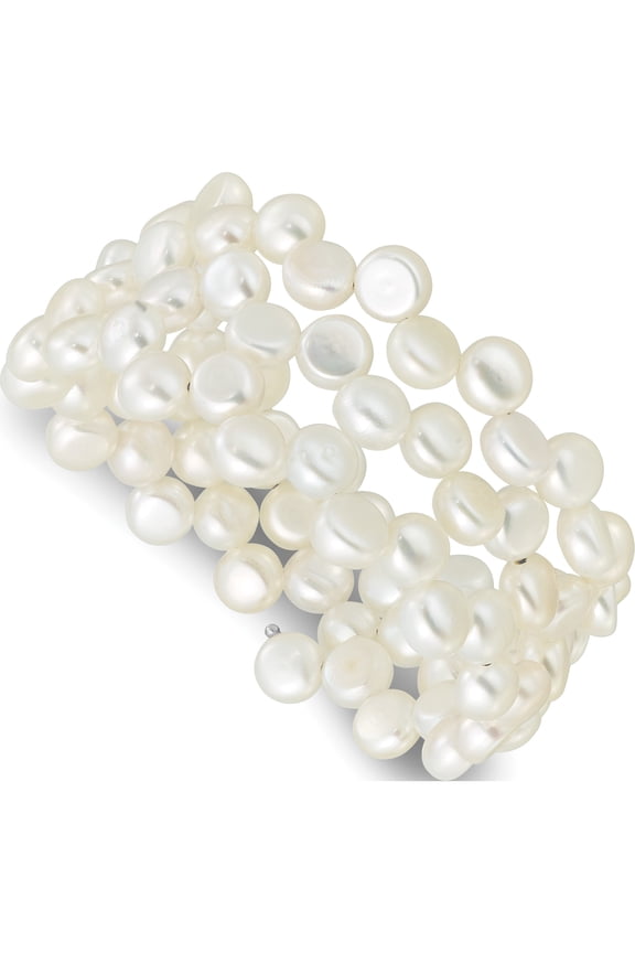 Exquisite Treasure-worthy Luxury Sterling Silver Rhodium-plated 6-7mm Button White Freshwater Cultured Pearl Flexible Wrap Bracelet Refined Flawless Feminine