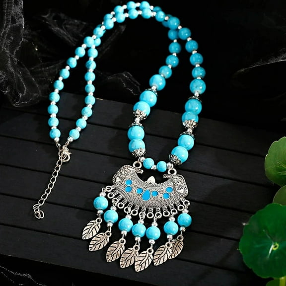 Exquisite Turquoise Blue Silver Leaf Long Chain Bohemian Statement Necklace Charm Fashion Jewelry