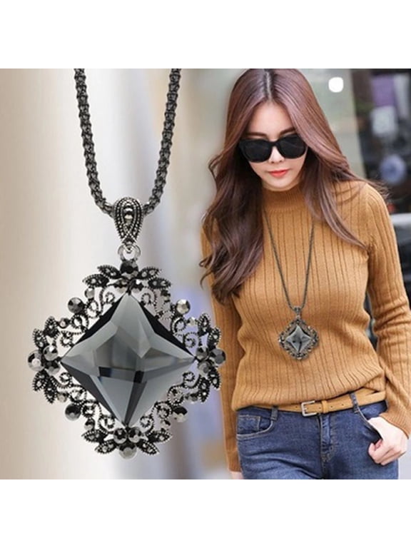 Exquisite Gray Crystal Flower Pendant Long Sweater Chain Statement Fashion Jewelry Necklace