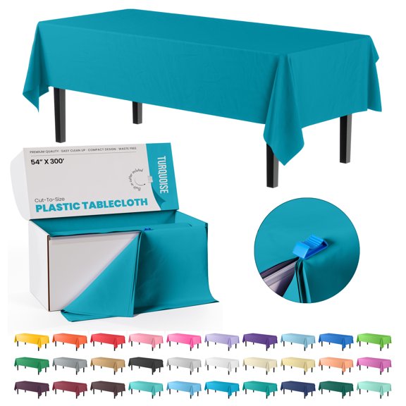 Exquisite Turquoise Plastic Tablecloth Roll With Built In Slide Cutter - 54 Inch. x 300 Ft. Table Cover