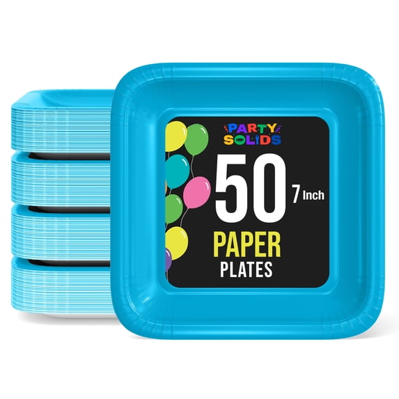 Exquisite Turquoise Square Paper Plates, 7", 50 Count, Heavy Duty 350 GSM, Disposable Party Plates