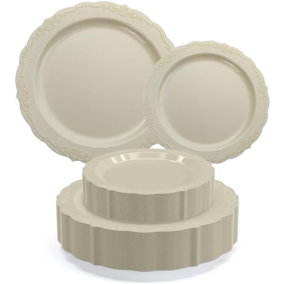 Exquisite Victorian 80-Piece Disposable Party Set AFN1- 40 Cream Dessert Plates (40 x 7.5 in) & 40 Dinner Plates (10.25 in) - Heavy Duty Plastic