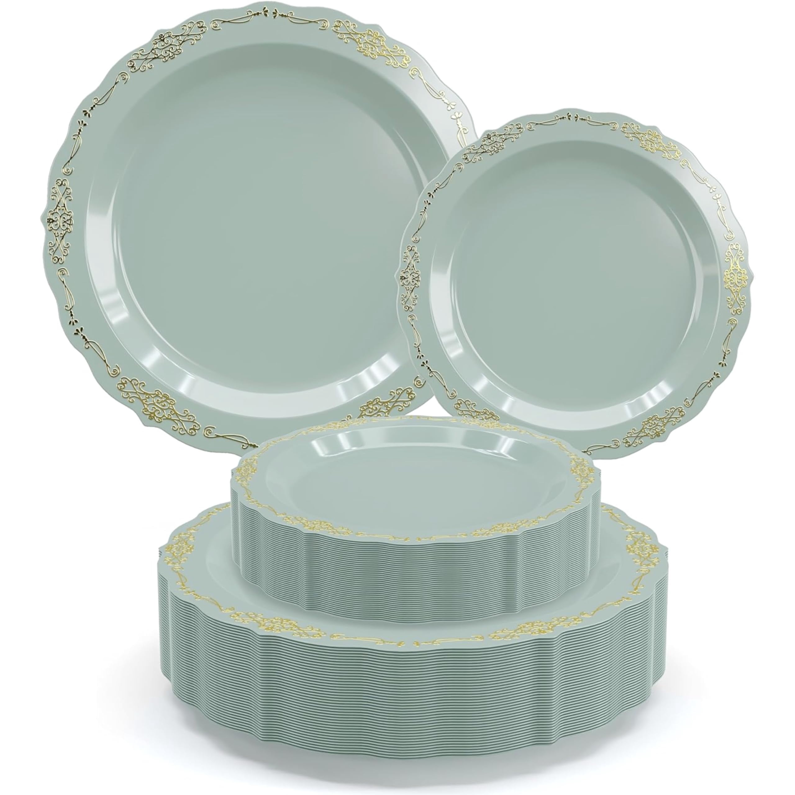 Exquisite Victorian Plastic OIF880 Piece Plastic Disposable for Party Set For 40 Guests 40 X 7.5 inch Dessert & 40 X 10.25 Inch Plastic Disposable Heavy Duty Blue & Gold