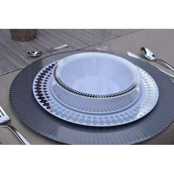 Exquisite Wedding & Party Dinnerware, Disposable Plastic Soup Bowls 14 oz White/Silver Radial 40 Pack