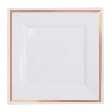 Exquisite Wedding & Party Dinnerware, Disposable Plastic Square Dinner Plates (9.5 Inch) - White with Rose Gold Rim - 40 Pack