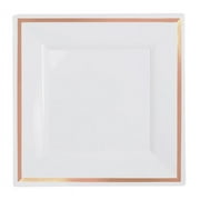 Exquisite Wedding & Party Dinnerware, Disposable Plastic Square Dinner Plates 9.5 Inch - White with Rose Gold Rim - 40 Pack