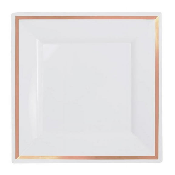 Exquisite Wedding & Party Dinnerware, Disposable Plastic Square Dinner Plates (9.5 Inch) - White with Rose Gold Rim - 40 Pack