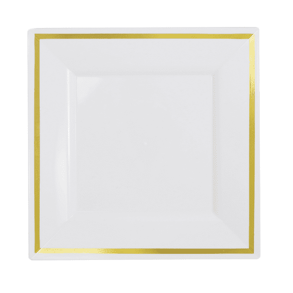 Exquisite Wedding & Party Dinnerware, Disposable Plastic Square Salad/Dessert Plates (8 Inch) - White with Gold Rim - 40 Pack