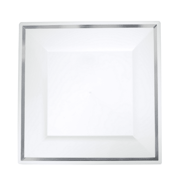 Exquisite Wedding & Party Dinnerware, Disposable Plastic Square Salad/Dessert Plates (8 Inch) - White with Silver Rim - 40 Pack
