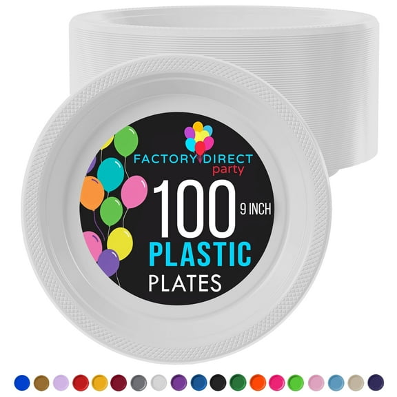 Exquisite 9" White Disposable Party Plastic Plates, 100 Count, Heavy Duty 350 GSM Plate