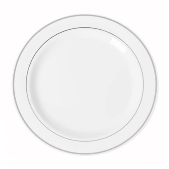 Exquisite White with Silver Rim 40 Pack 9" Disposable Salad Wedding & Party Dinnerware Plastic Plates