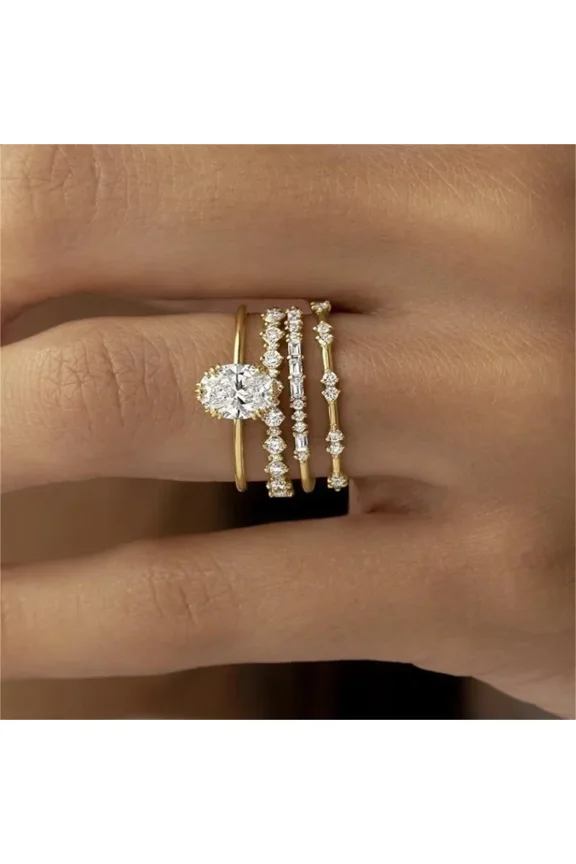 Exquisite Women Rings Gold Color Waterdrop Classic Design White Stone Rings Set Wedding Party Jewelry