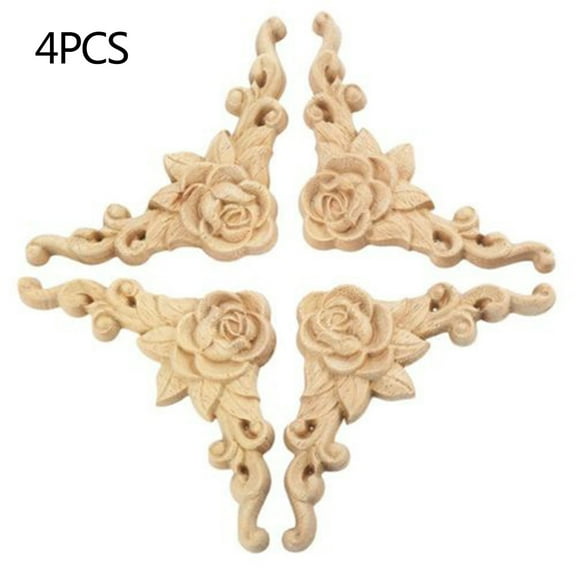 Exquisite Wooden Rose Applique For Door And Cabinet Embellishment 4Pcs