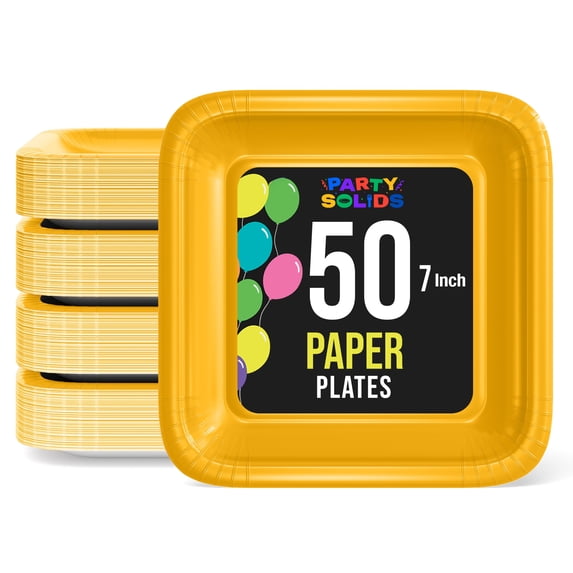 Exquisite Yellow Square Paper Plates, 7", 50 Count, Heavy Duty 350 GSM, Disposable Party Plates