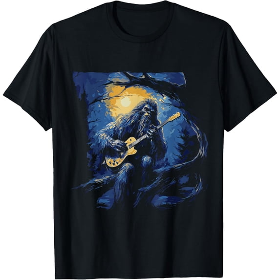 Exquisite and comfortable-Bigfoot Playing a Guitar Starry Night Funny Sasquatch Rocker T-Shirt