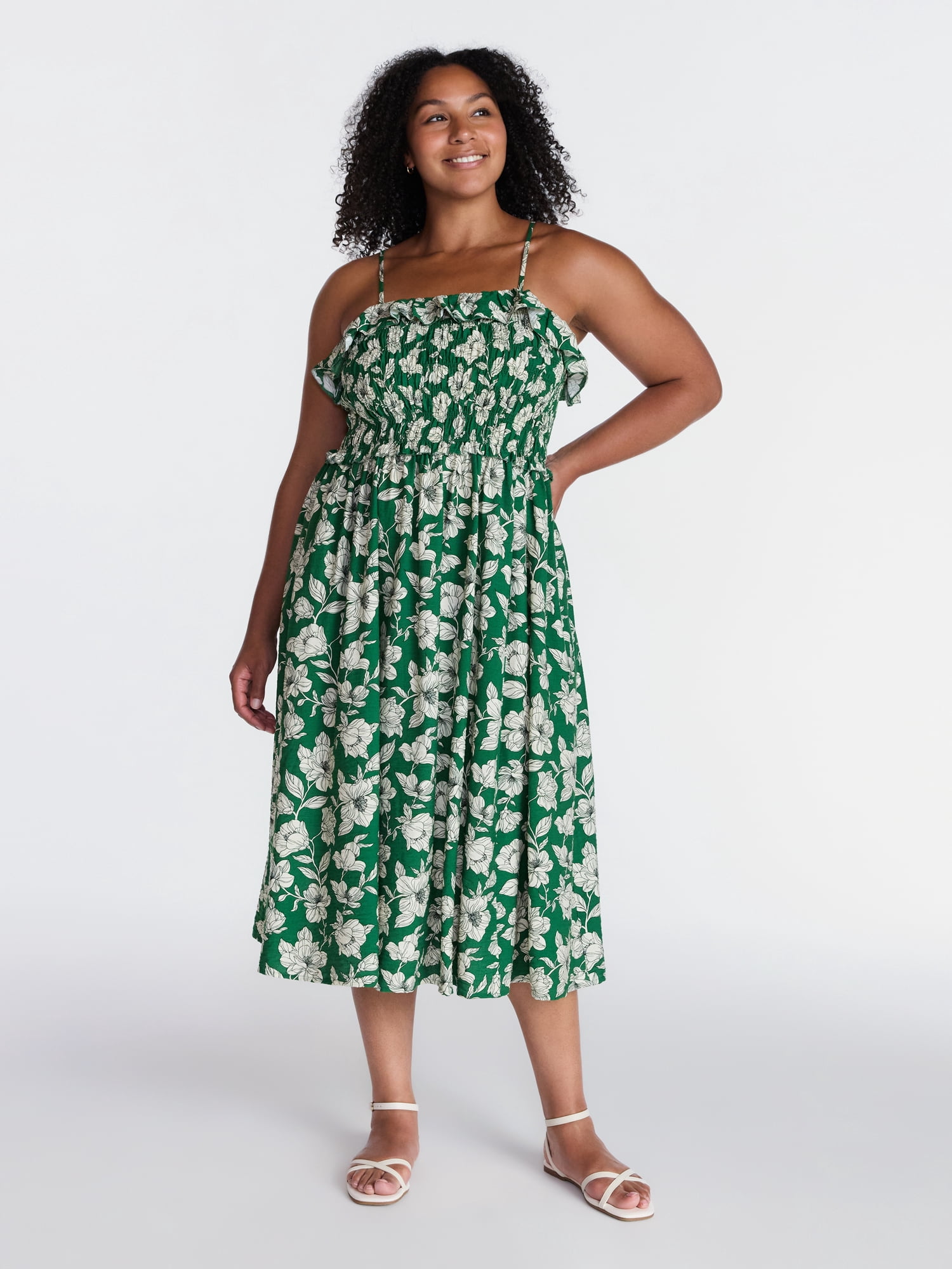 Time and Tru Women's Sleeveless Smocked Midi Dress, Sizes XS-XXXL