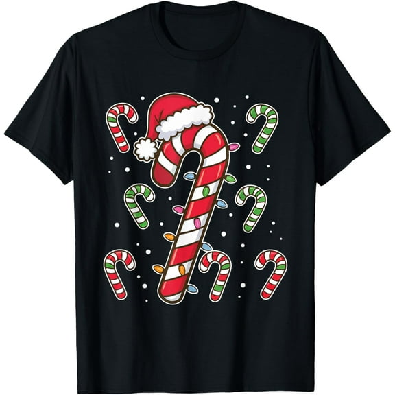Exquisite and comfortable-Santa Christmas Funny Xmas Lights Red And White Candy Cane T-Shirt