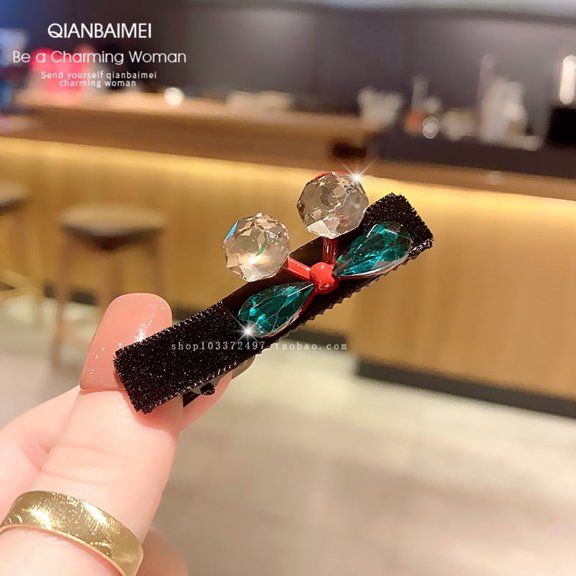 Exquisite cherry glitter diamond flocking small hairpin senior sense of autumn and winter side clip bangs clip Korean foreign gas hair card headdresses
