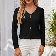 Sevevn Blouses Women's Solid V-Neck Casual Loose Button Long Sleeved T-Shirt Top Clearance