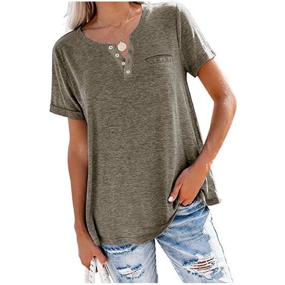 Sevevn Women Fashion Solid Color V-Neck Button T-shirt Tops Short Sleeve Loose Blouse Summer Shirts for Women