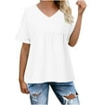 thumbnail image 1 of Sevevn Women's Casual Pleated Ruffle Sleeve Loose Short Sleeved V-neck Top/shirt White T-shirt Womens, 1 of 6