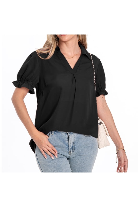 Women's Solid Color Bubble Large Solid Lattice Fall Loose Button Long Sleeve Top Black Womens T-shirt