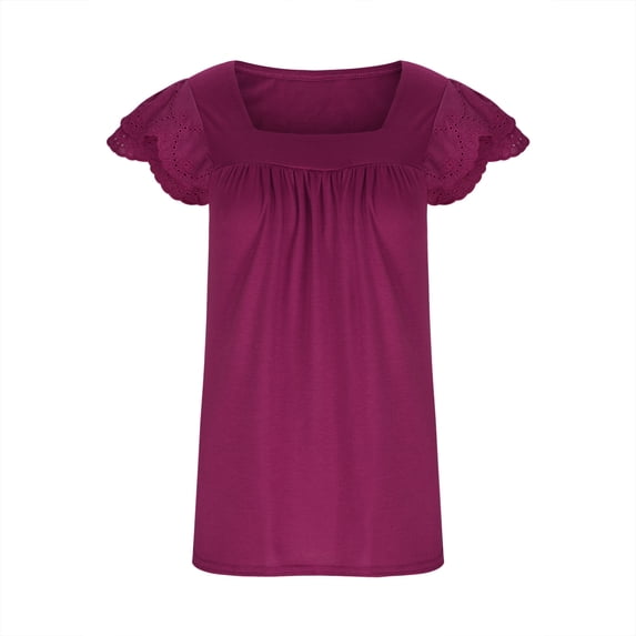 Exrradully Women's Summer Square-Neck Solid Color Double-Layer Lace Short Sleeve Top Blouse Womens Loose T-shirt