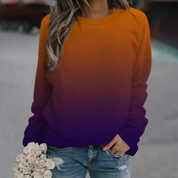 Exrradully Women's Tops Gradient Print Long Sleeves Pullover Crewneck Sweatshirt Casual Loose Sweatshirt Girls Shirts