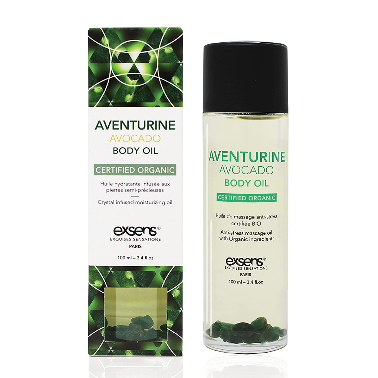 Exsens Avocado Aventurine Crystal Infused Body Oil, Moisturizer for Skin & Hair, Certified Vegan, Easily Absorbed Organic Body Oil, Natural Fragrance, 100ml (3.4 fl.oz), 1 Count