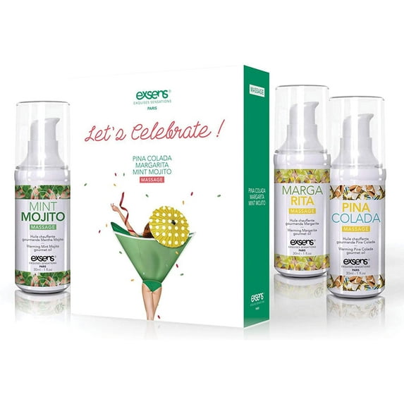 Exsens Let's Celebrate Gourmet Warming Massage Oil Kit, Flavored, Edible Gift Set, Mint Mojito, Pina Colada, and Margarita Flavor, Certified Vegan, 3 - 1 fl.oz Bottles