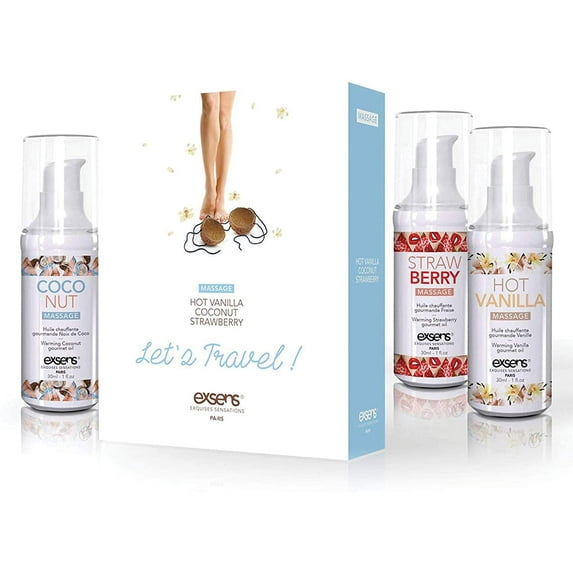 Exsens Let's Travel Warming Intimate Massage Oil Kit, Flavored Gel Gift Set, Strawberry, Coconut, and Hot Vanilla Flavor, Certified Vegan, 3 - 1 fl.oz Bottles
