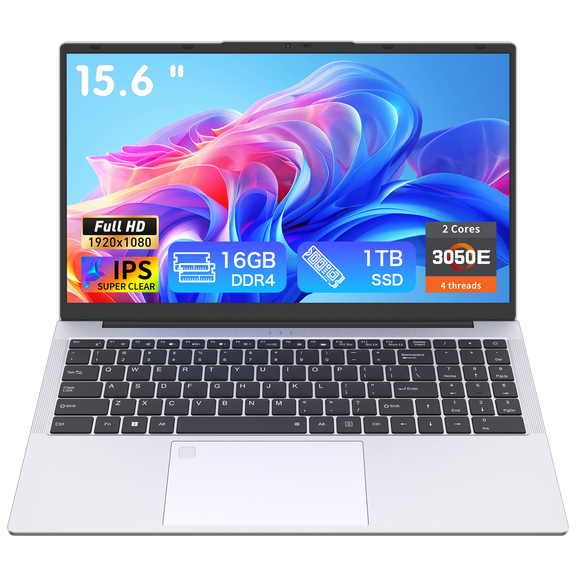 Exsurf 15.6" Windows 11 Pro Laptop, Intel 3050E, 16GB 1TB, Fully Functional Type-C Port, Silver