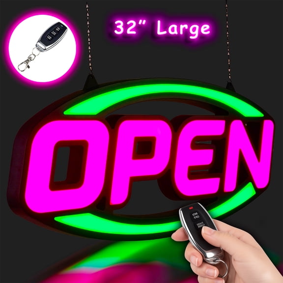 Extar Large Open Sign for Businbess - Ultra Bright LED Open Neon Sign for Store w/ Key Fob Remote Control - Animated Flashing LED Open Signs, Shop Light (32" x 16" Oval, Pink & Green)